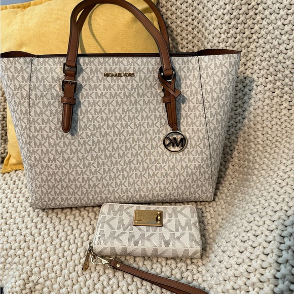 Michael Kors Beige and Brown MK Tote with Wallet - Picture 1 of 5